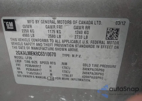 2012 GMC Terrain Sle-1 from USA, damaged, VIN 2GKALMEK8C6310670